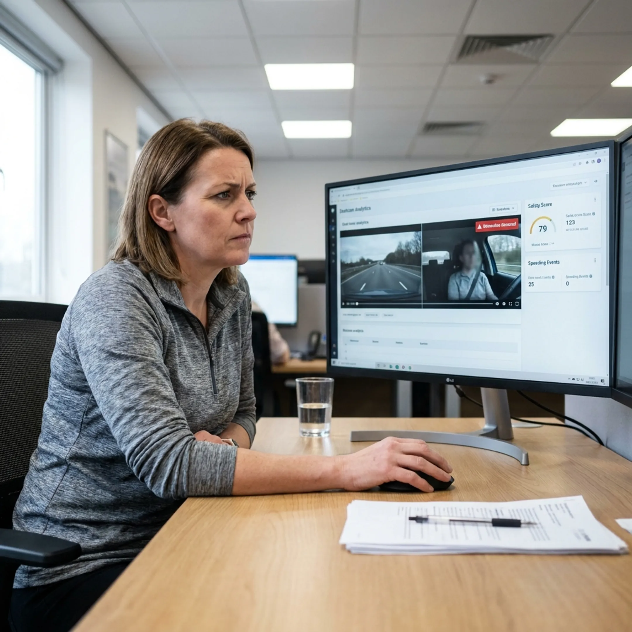 Fleet manager analyzing AI dash cam incident video footage on computer dashboard