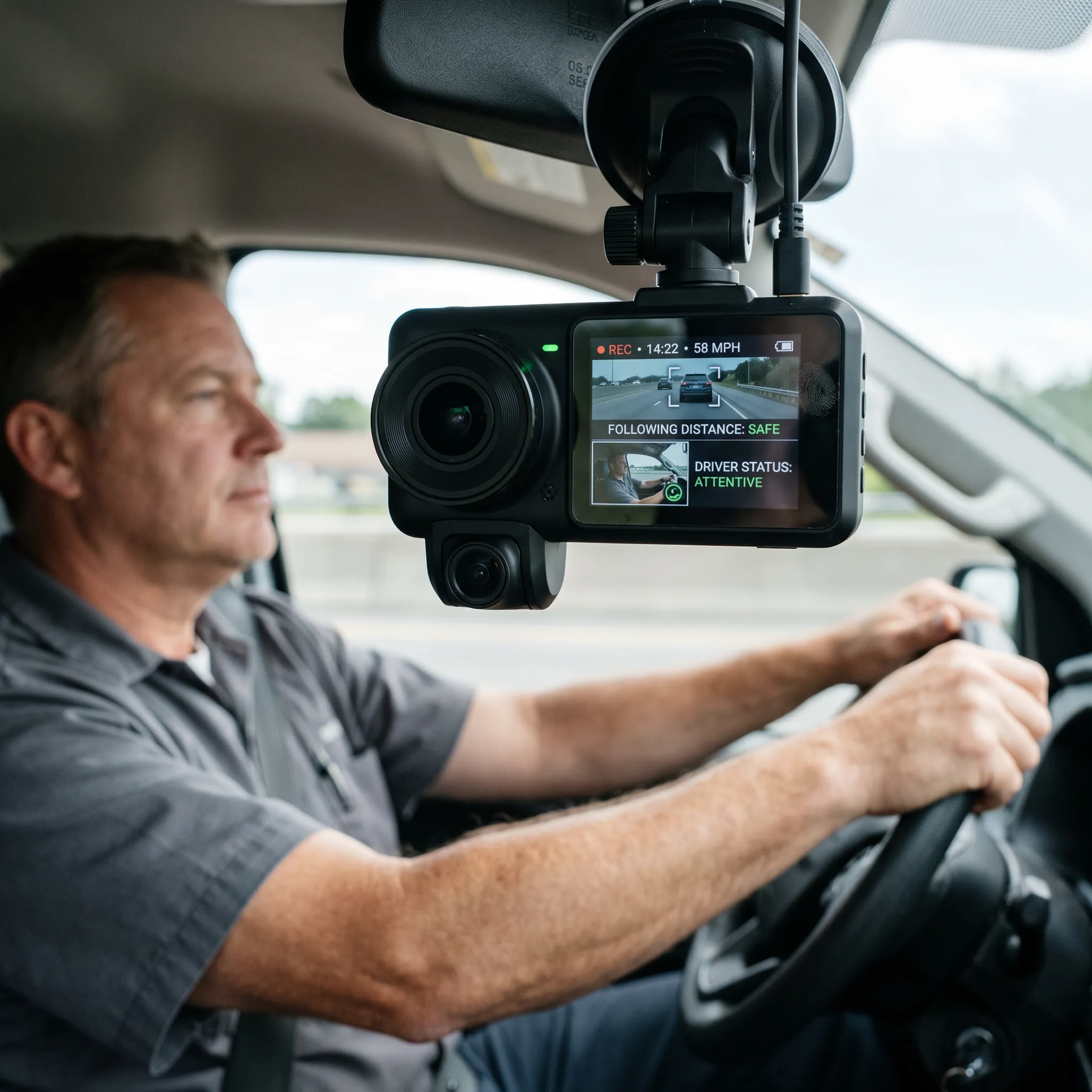 Commercial fleet vehicle equipped with dual-facing AI dash cam on windshield