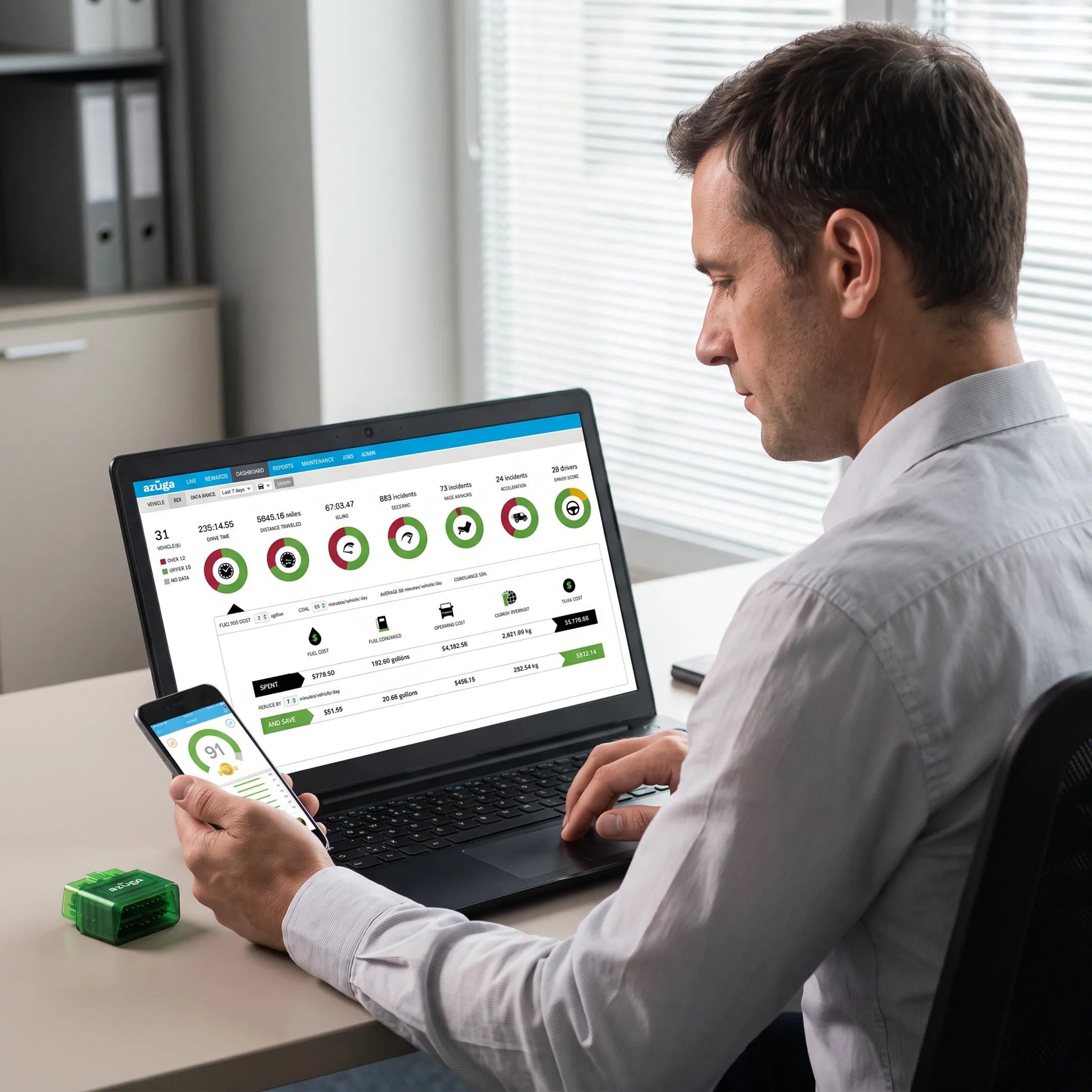 Fleet operator analyzing electronic logs and vehicle tracking data
