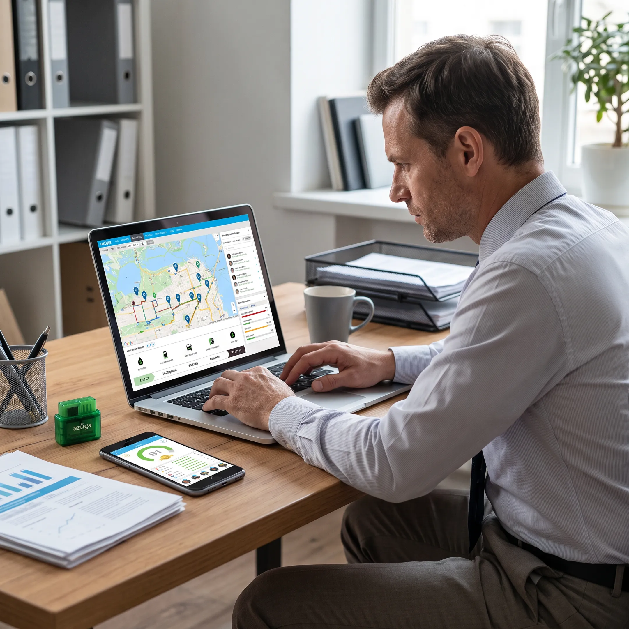 Fleet manager reviewing GPS tracking software and vehicle locations on a dashboard