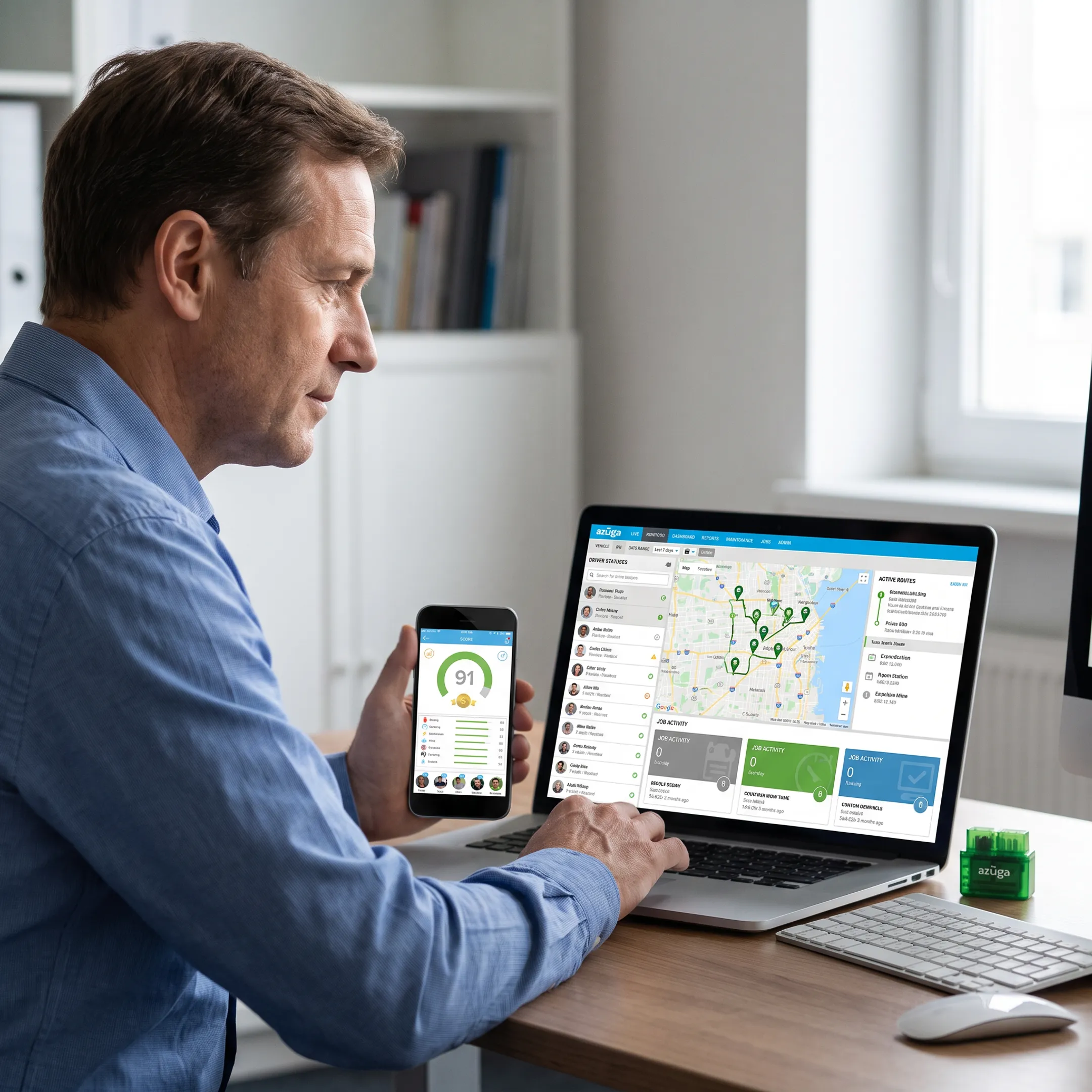 Fleet manager viewing live GPS vehicle locations on a tracking dashboard