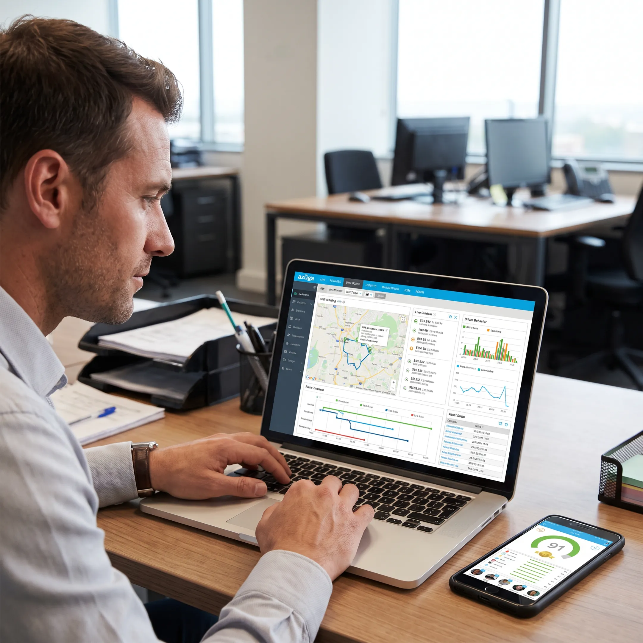 Fleet manager viewing GPS vehicle tracking dashboard