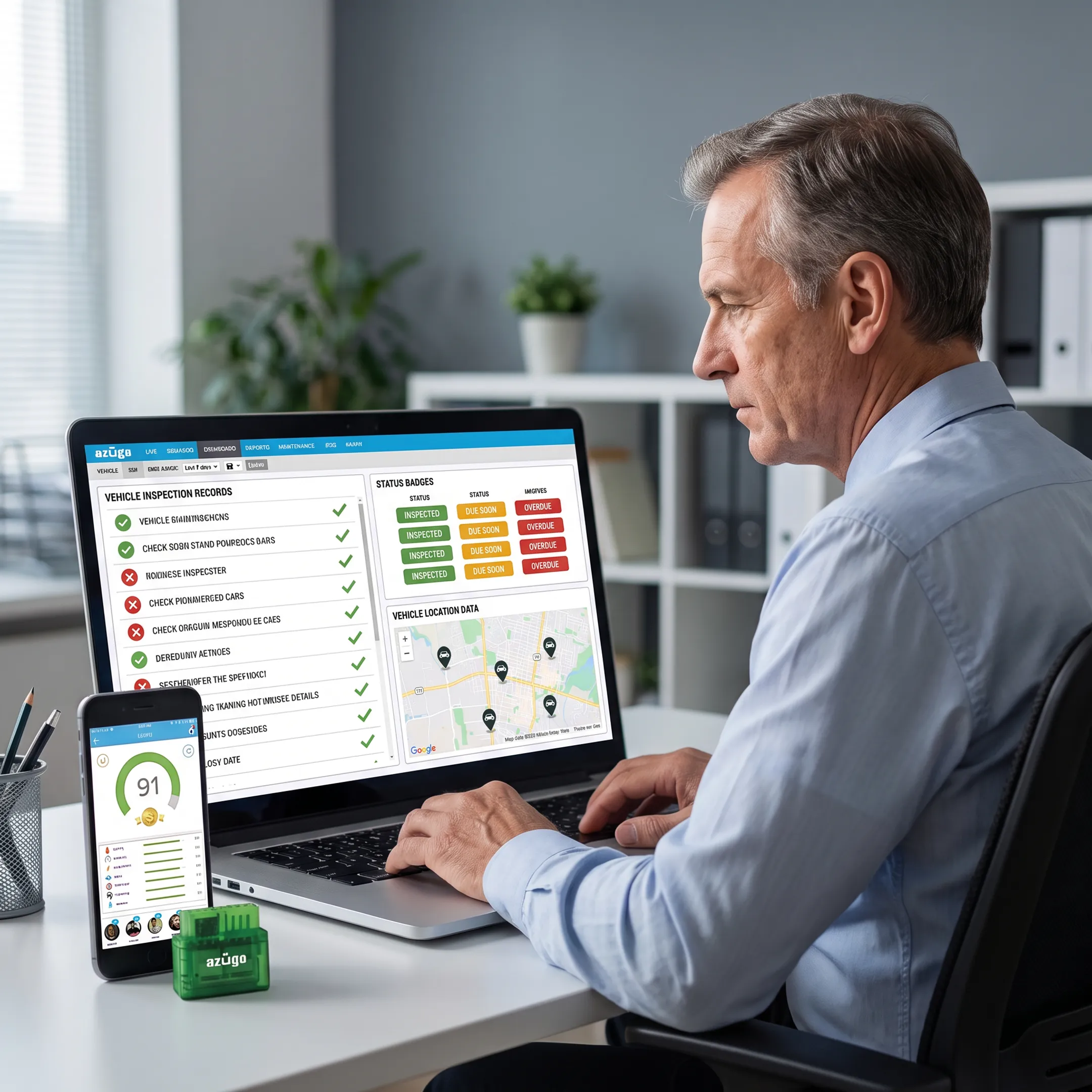Fleet manager reviewing vehicle inspection information on a digital dashboard