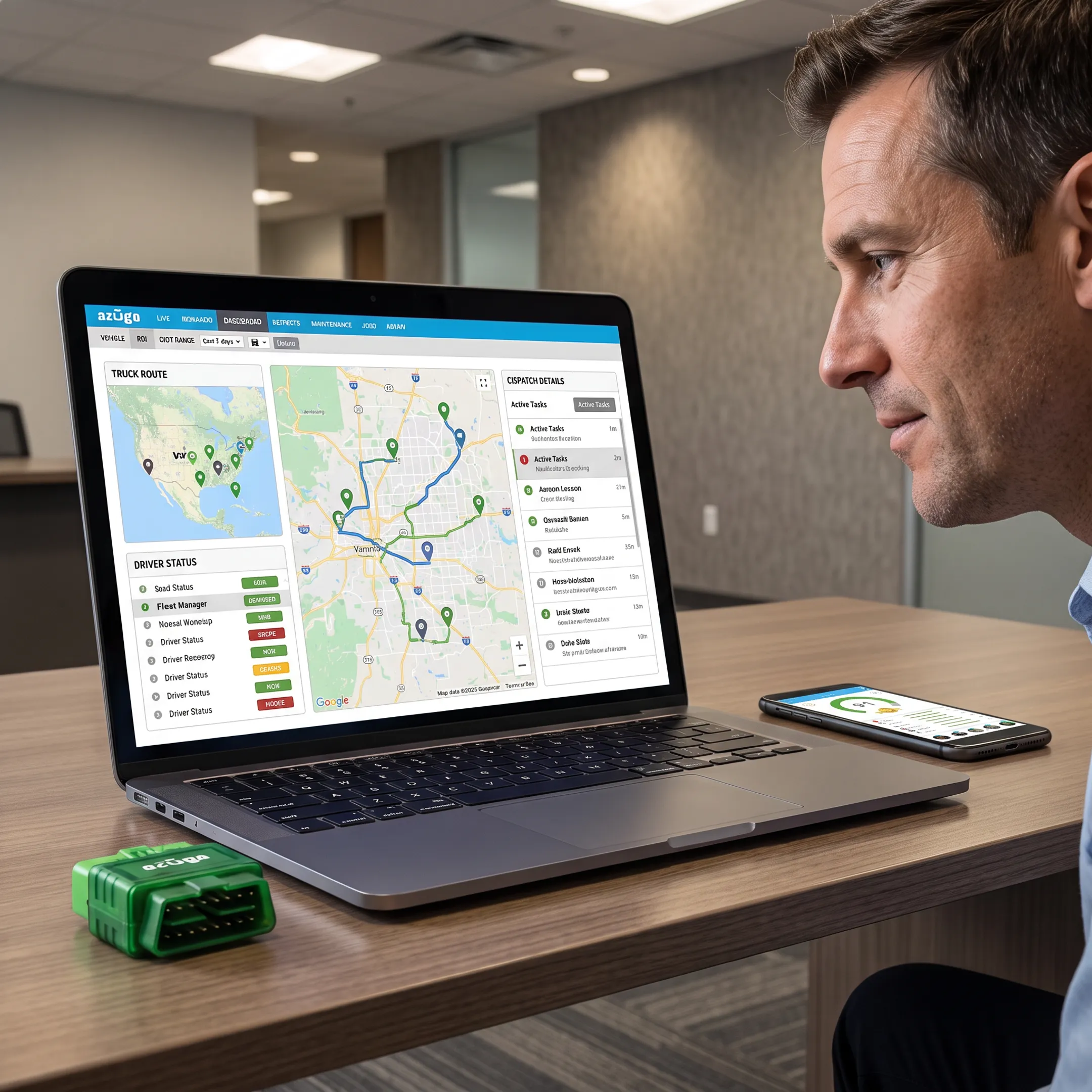 Truck fleet manager reviewing routes on a live tracking dashboard
