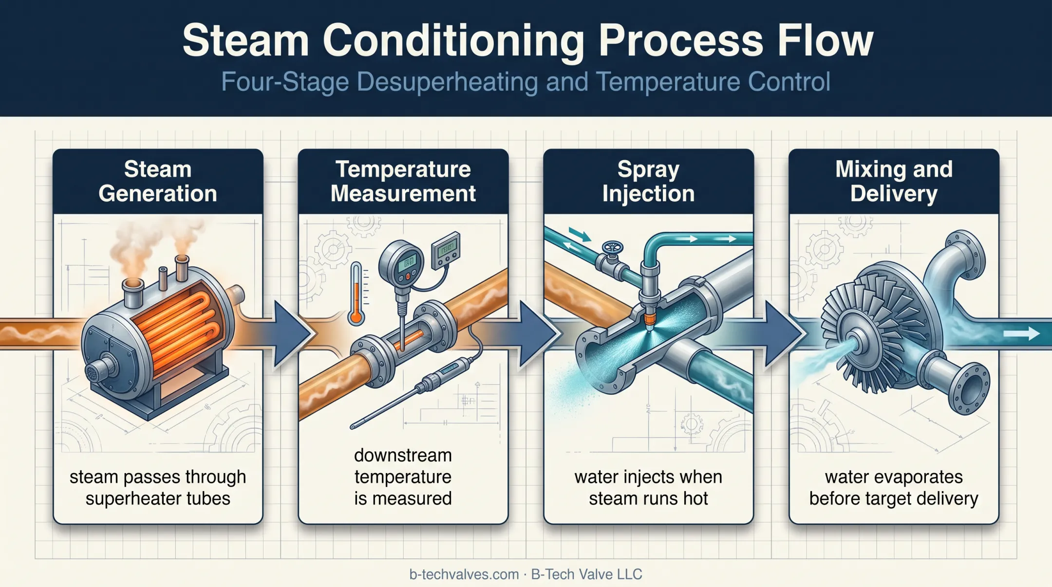 Four-stage steam temperature control process from boiler to turbine