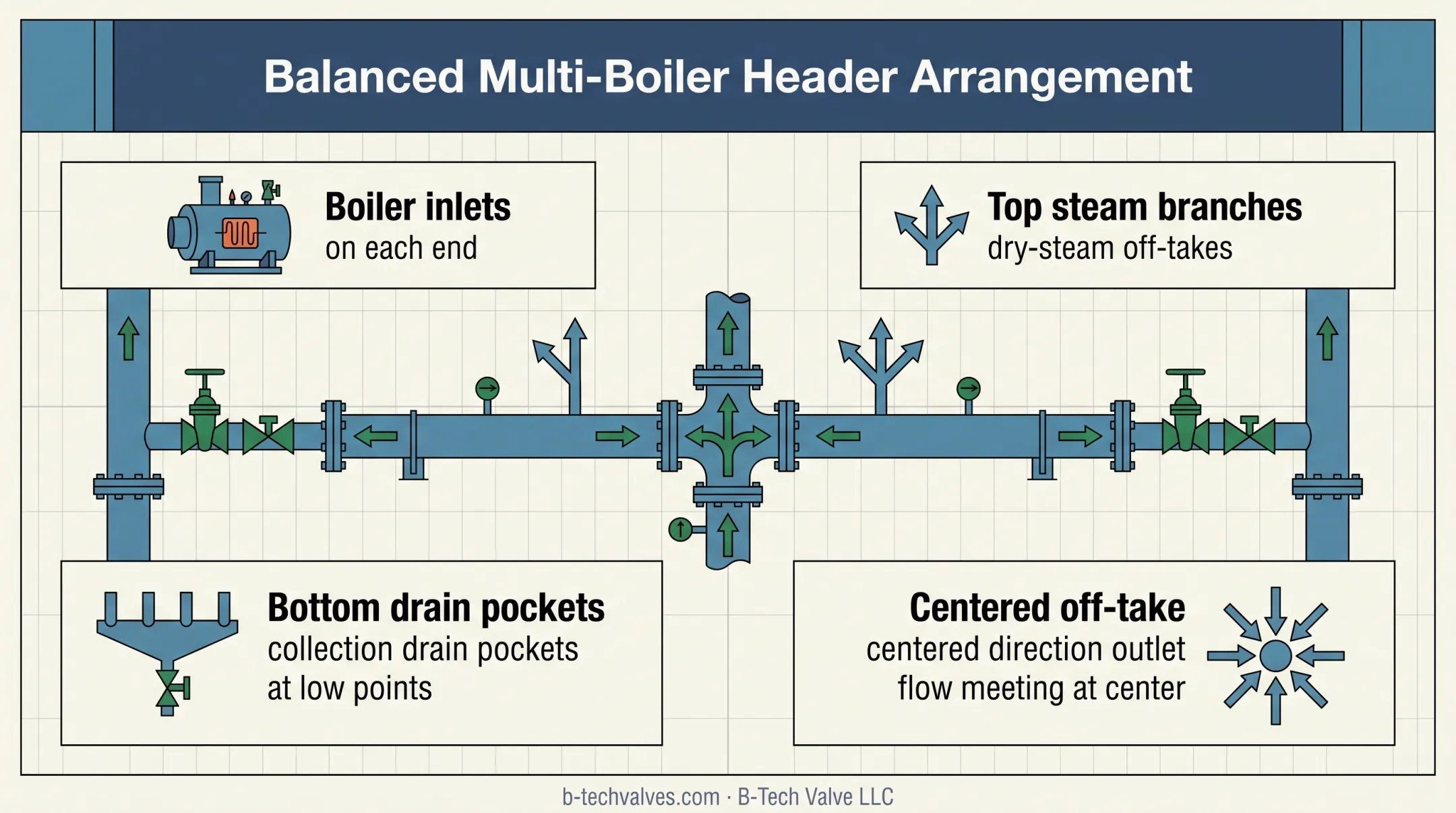 Balanced multi-boiler steam header layout with drains and off-takes