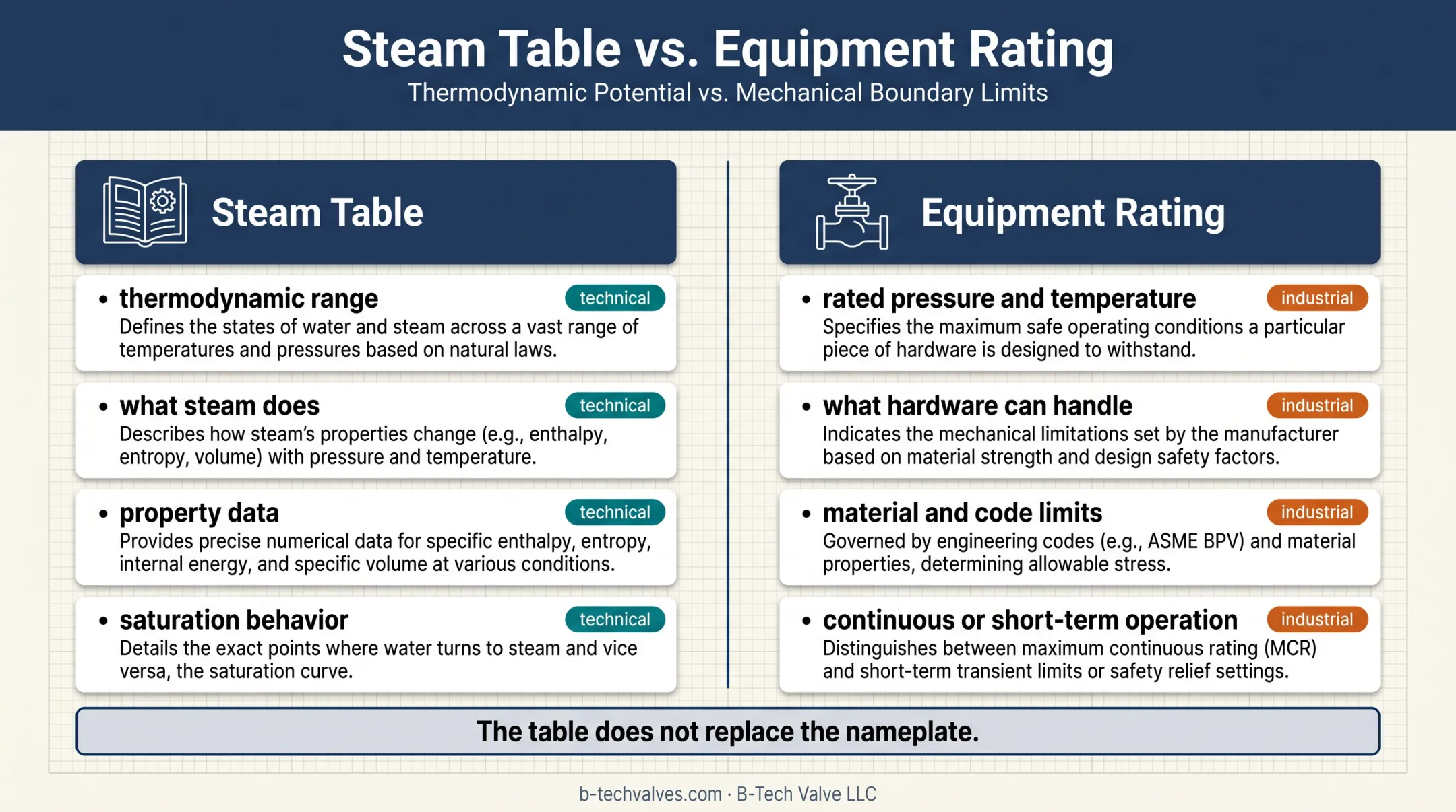 Steam property table versus equipment rating responsibilities comparison