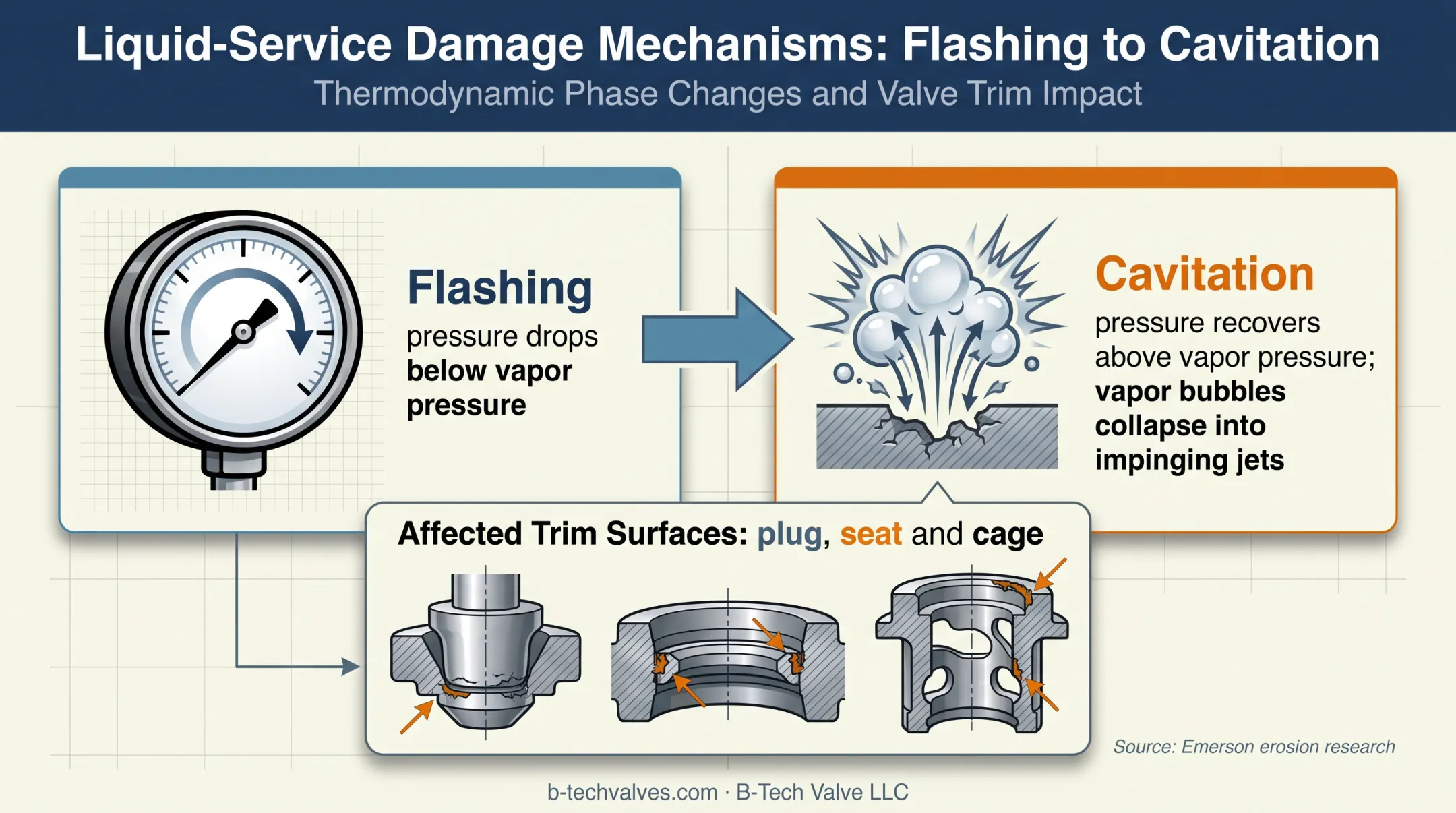 Flashing and cavitation sequence damaging liquid valve trim