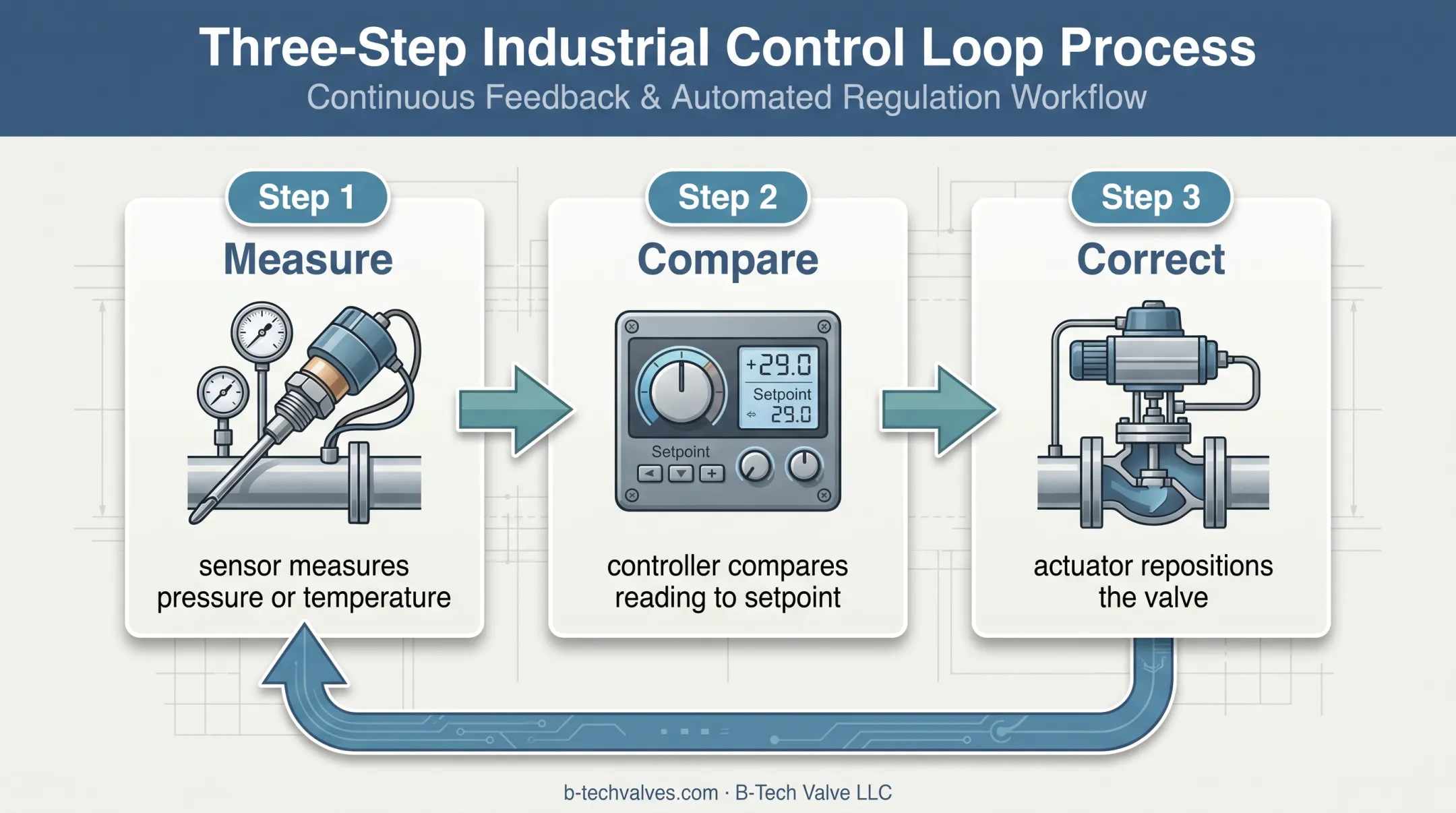 Three-step industrial control valve feedback loop from sensor to actuator