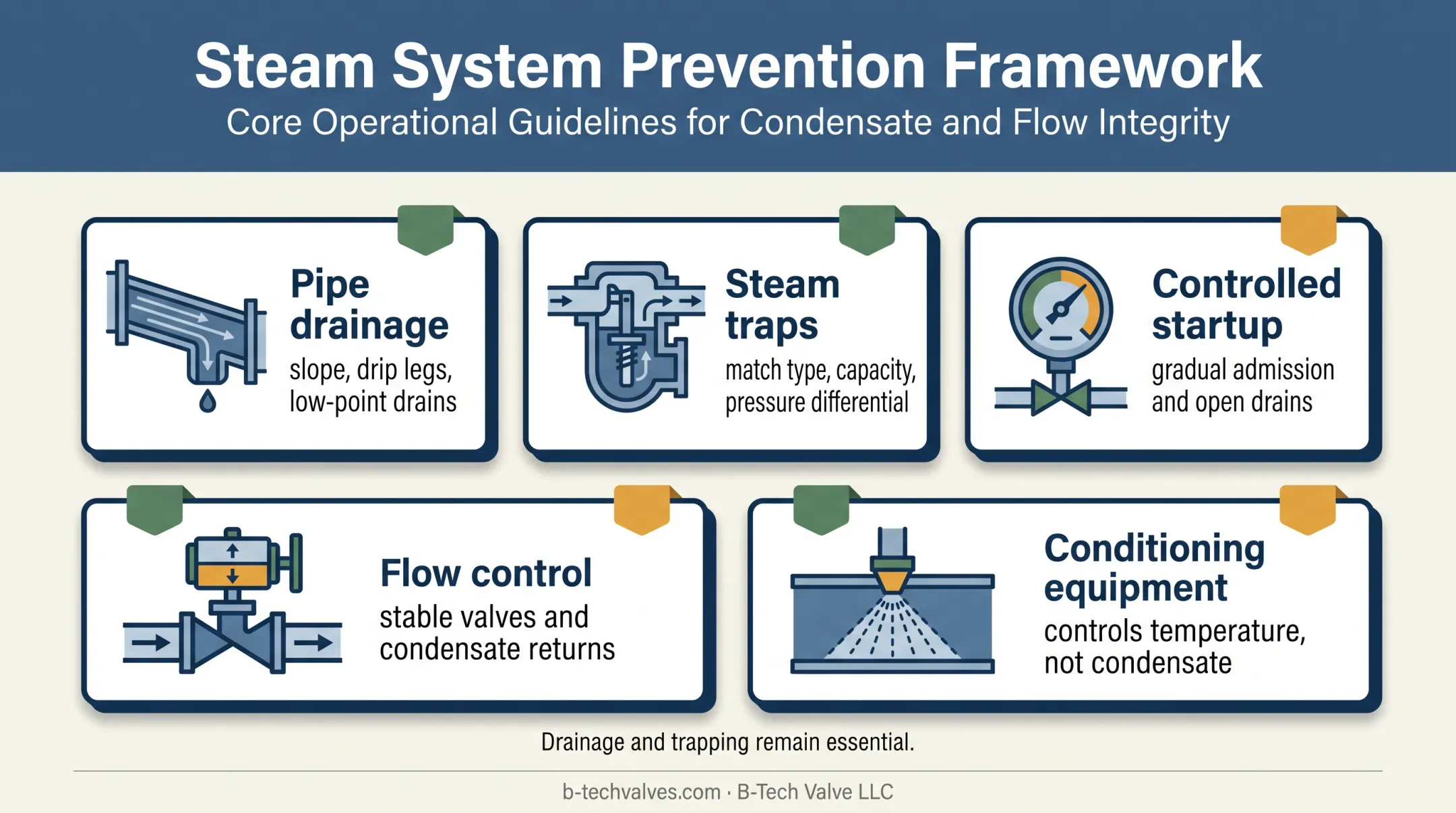 Five-part steam hammer prevention framework for industrial steam systems