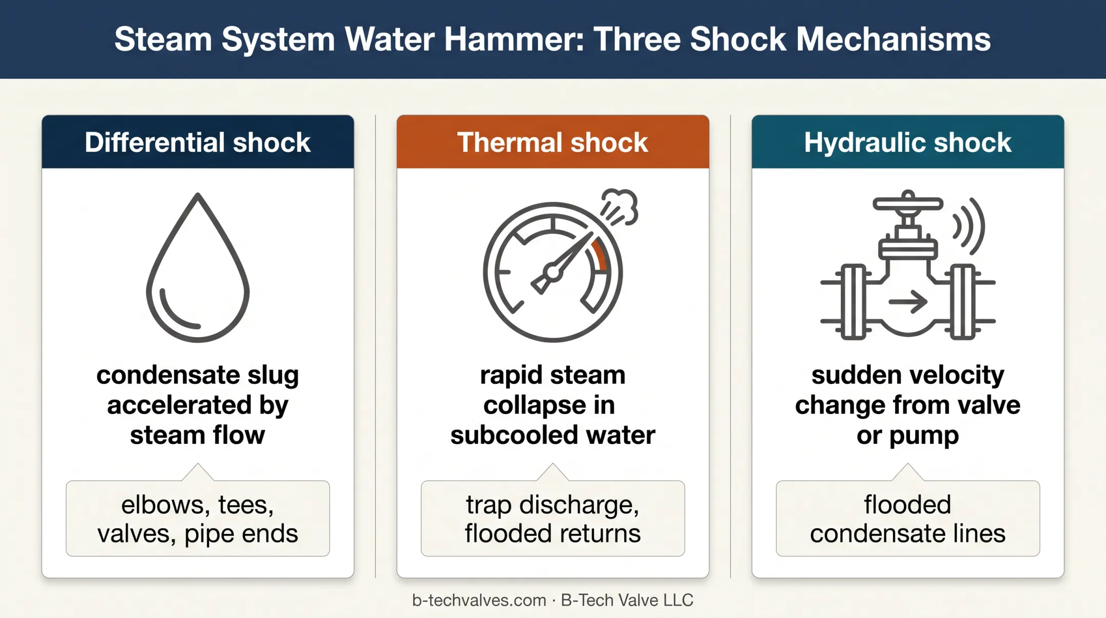 Three steam hammer shock types, triggers, locations, and mechanisms