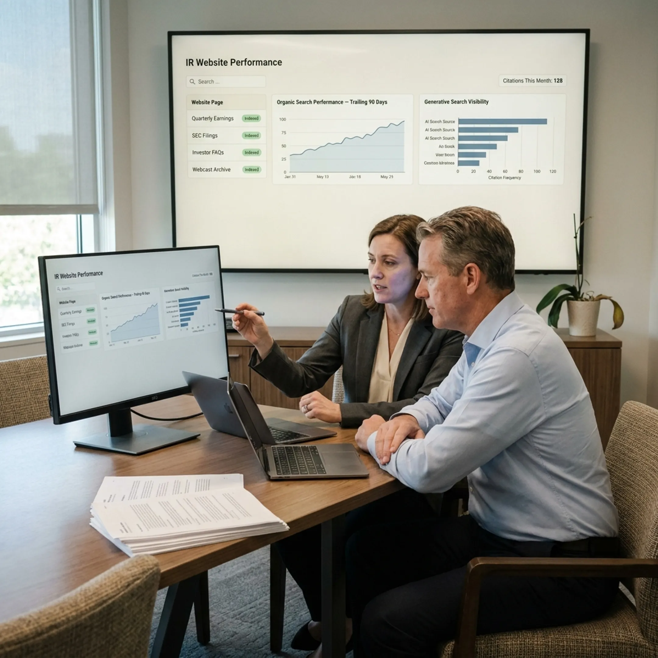 Investor relations team reviewing structured website content