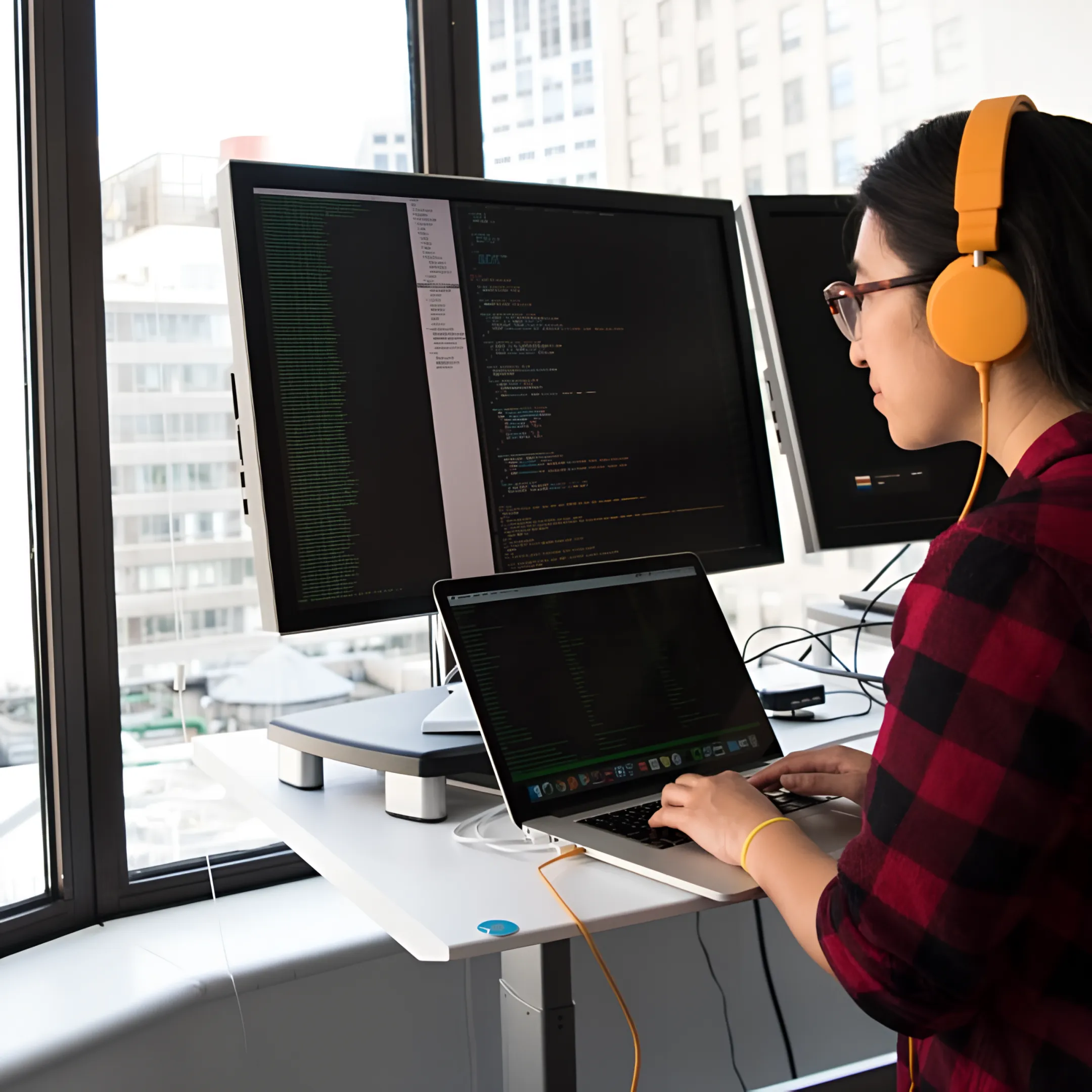 Investor-relations manager reviewing an updated WordPress website with filings, stock data, and press releases