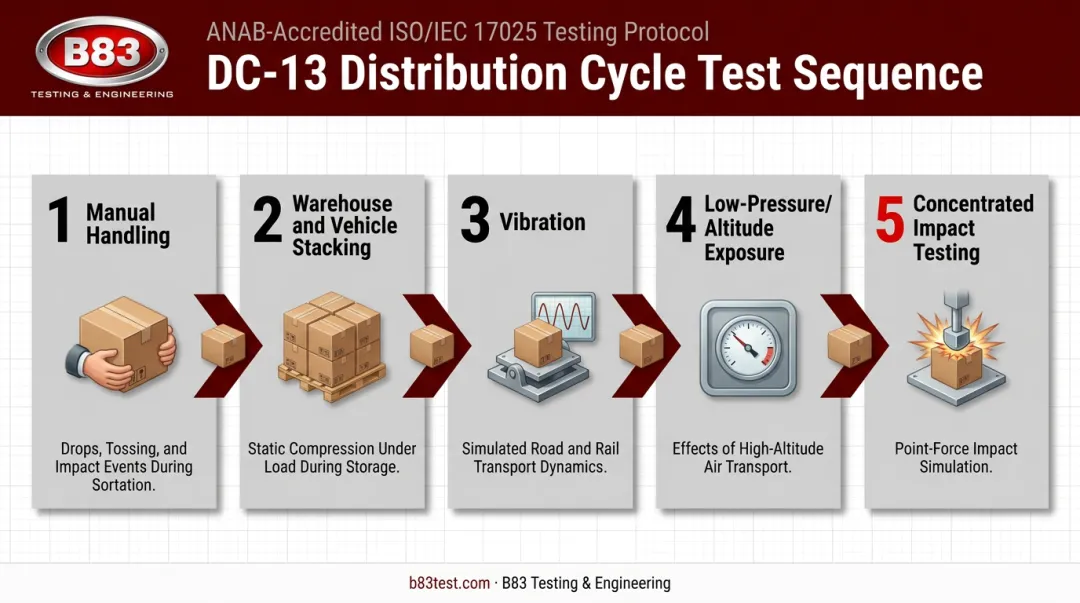 DC-13 five-stage distribution testing sequence for parcel shipments