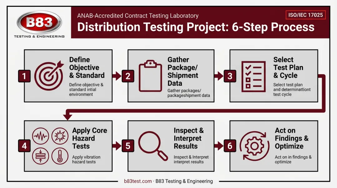 Six-step distribution testing process flow from planning to optimization