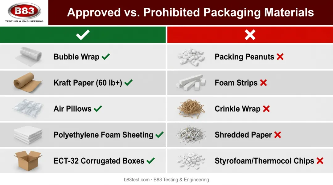 Approved versus prohibited FBA packaging cushioning materials comparison chart