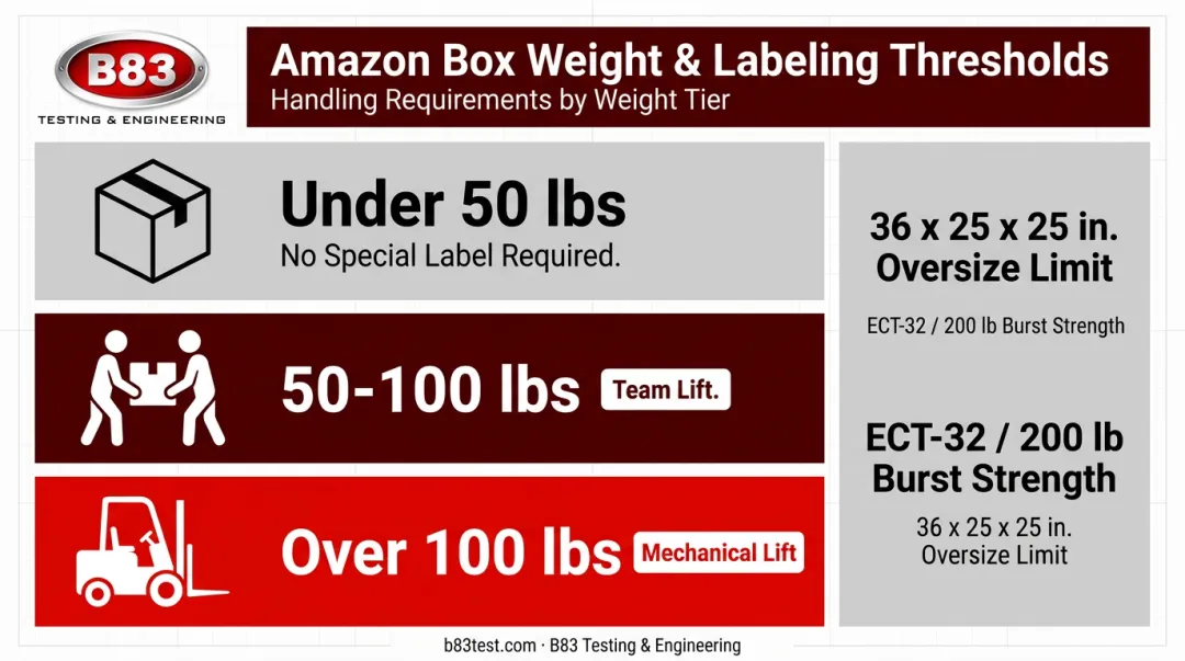 Amazon FBA box weight limits and lift label requirements infographic