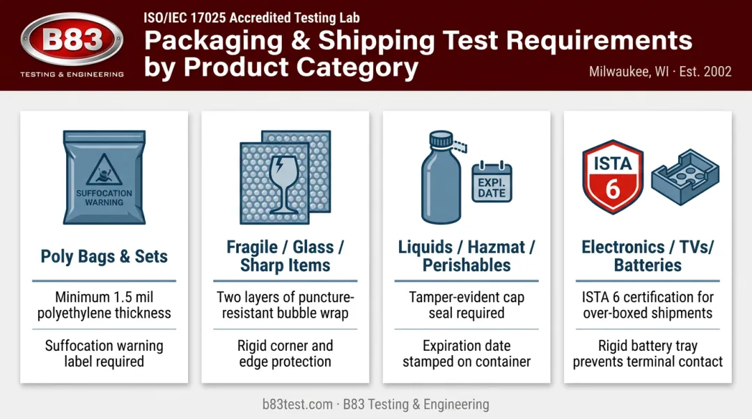 Category-specific FBA prep requirements comparison for poly bags fragile liquids and electronics
