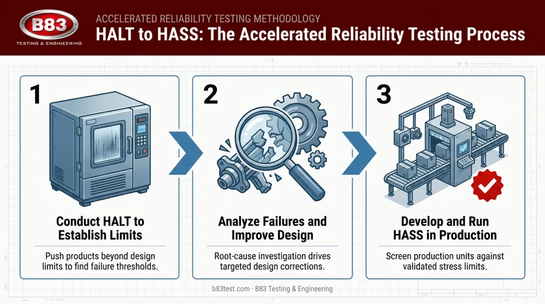 Three-step accelerated stress testing process flow from development limits to production screening