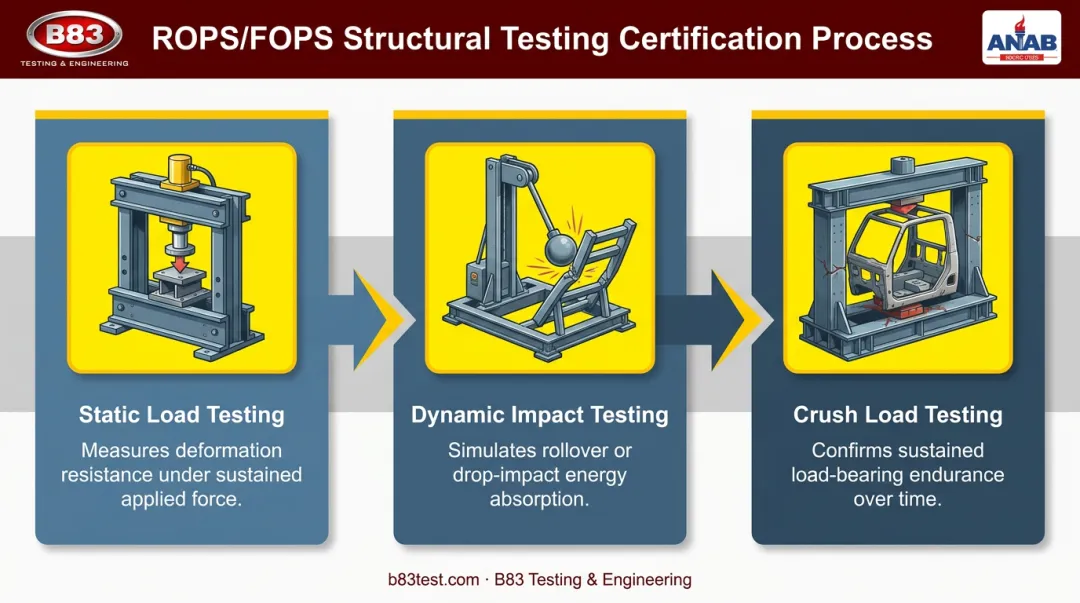 Static dynamic and crush load testing methods for ROPS FOPS certification