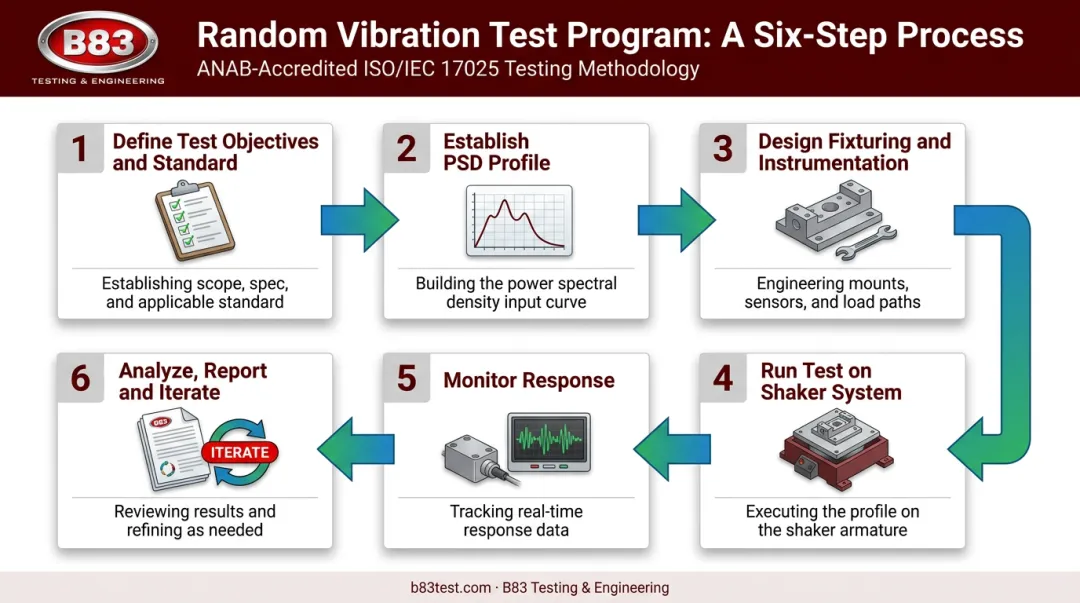 Six-step random vibration testing process from objectives to iteration