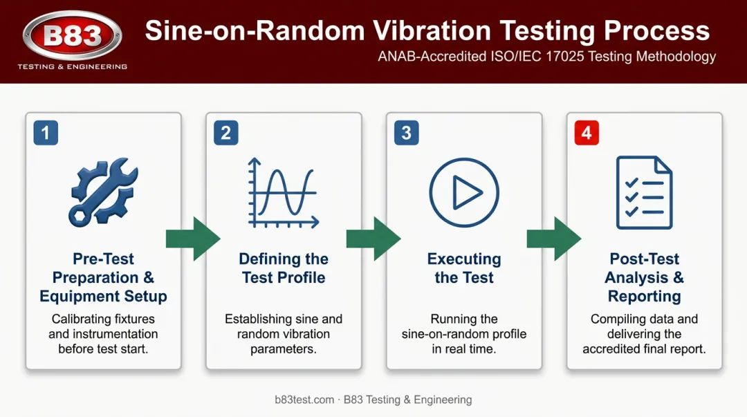 4-step sine-on-random vibration test execution process flow diagram