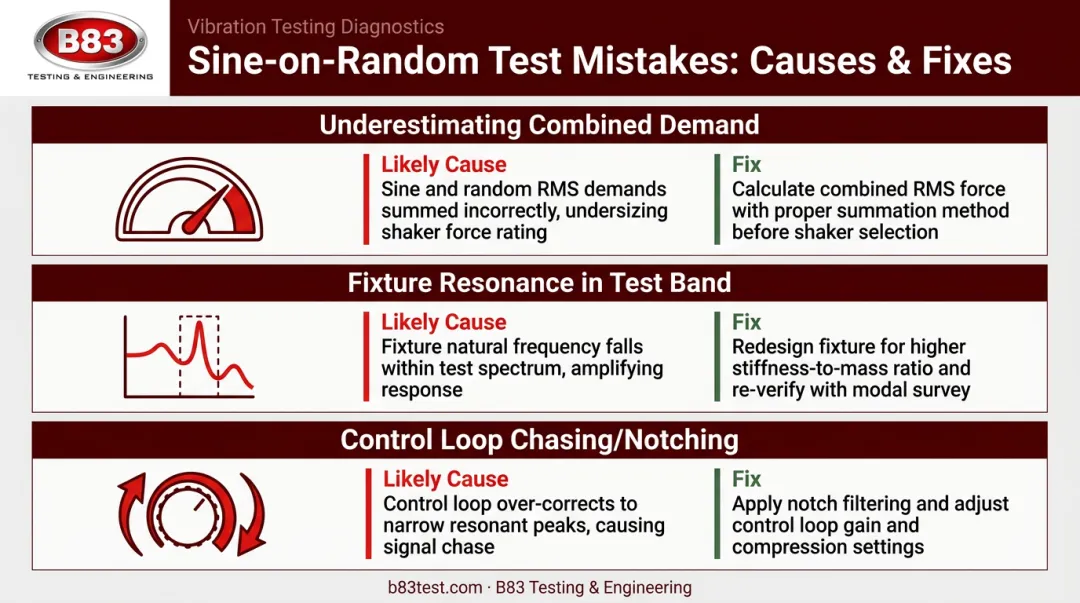 Common sine-on-random vibration test mistakes causes and fixes chart