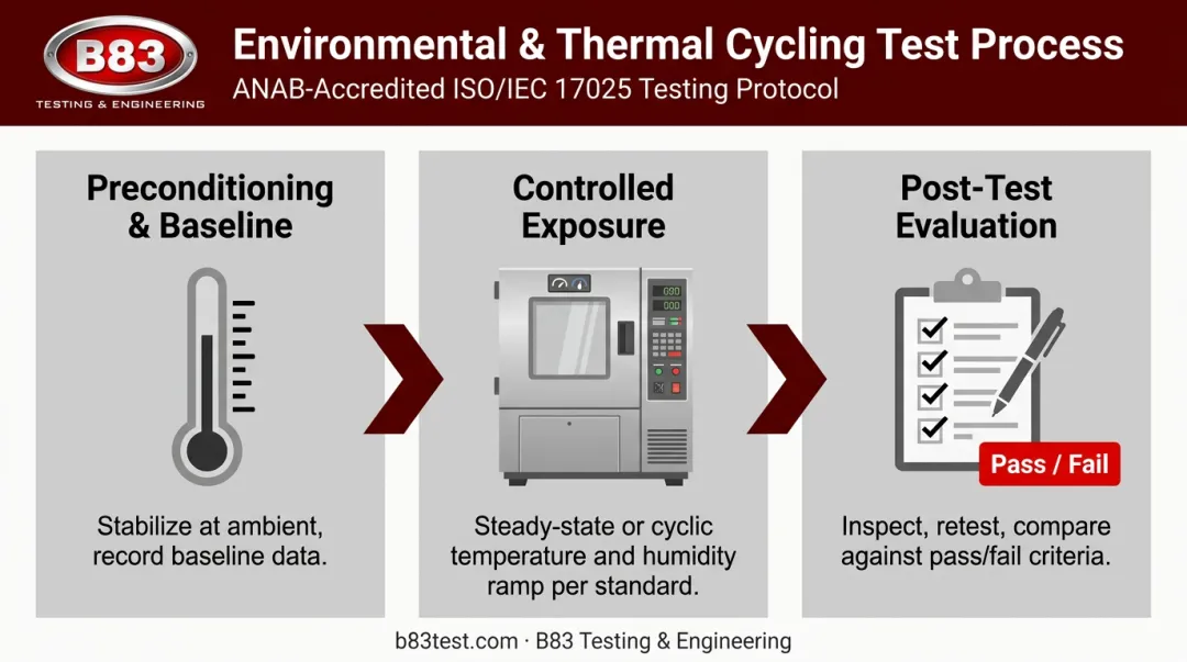 3-step temperature and humidity testing process flow diagram