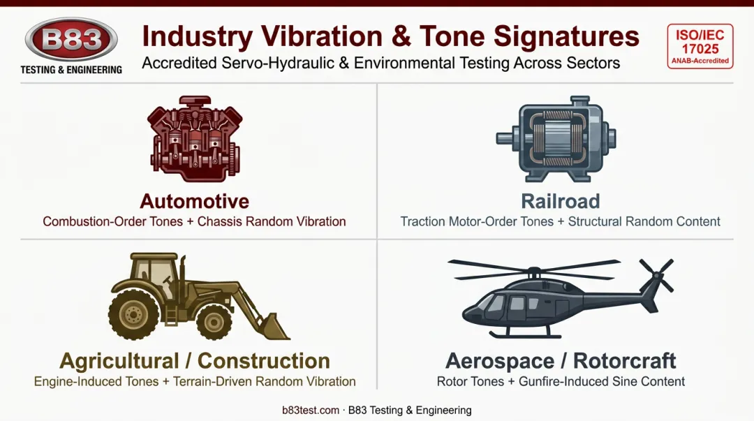 Four industries requiring combined sine-on-random vibration testing environments