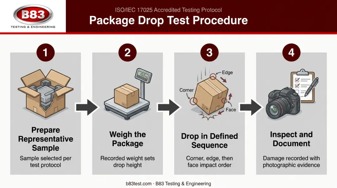 Four-step package drop test process from sample prep to documentation