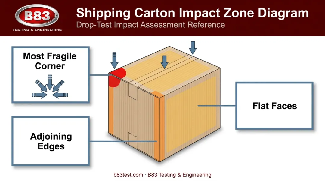 Package drop test orientations showing corner edge and face impact zones