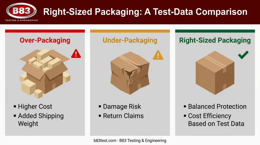 Over-packaging versus under-packaging versus right-sized packaging comparison chart