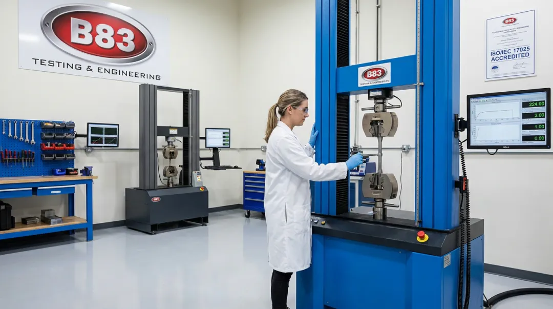 B83 Testing and Engineering lab technician running tensile and compression equipment