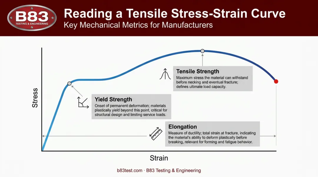 Tensile stress-strain curve showing strength yield and elongation metrics