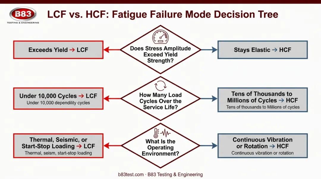 Three-question decision flowchart for choosing LCF versus HCF testing