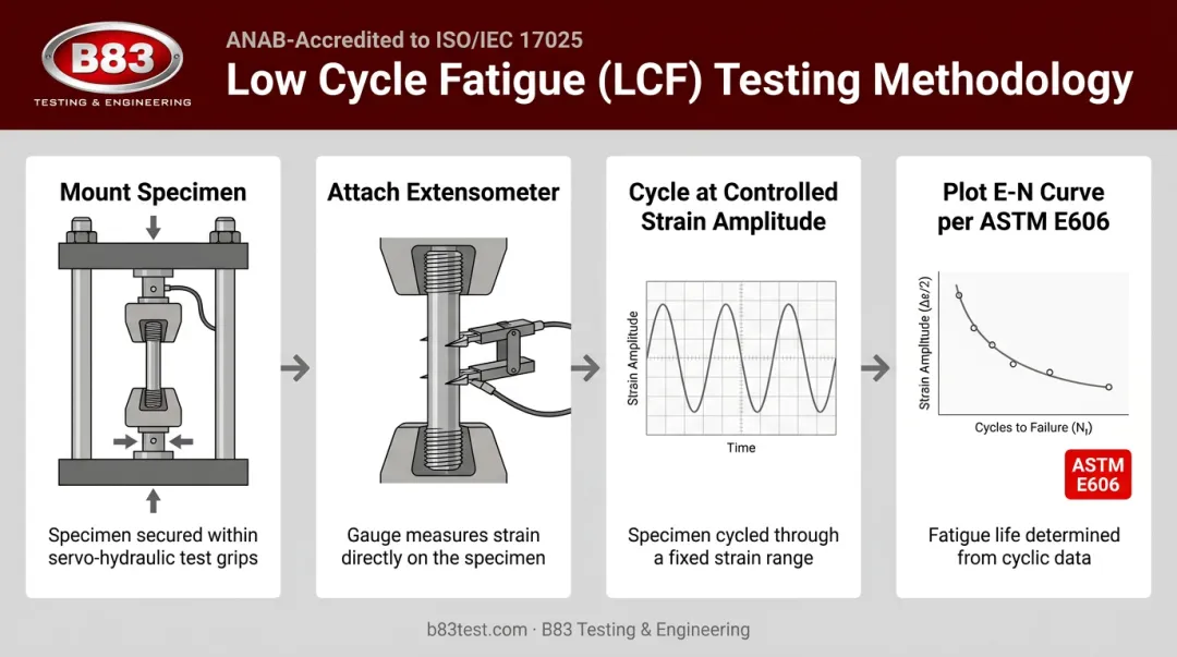 4-step low-cycle fatigue testing methodology process flow diagram