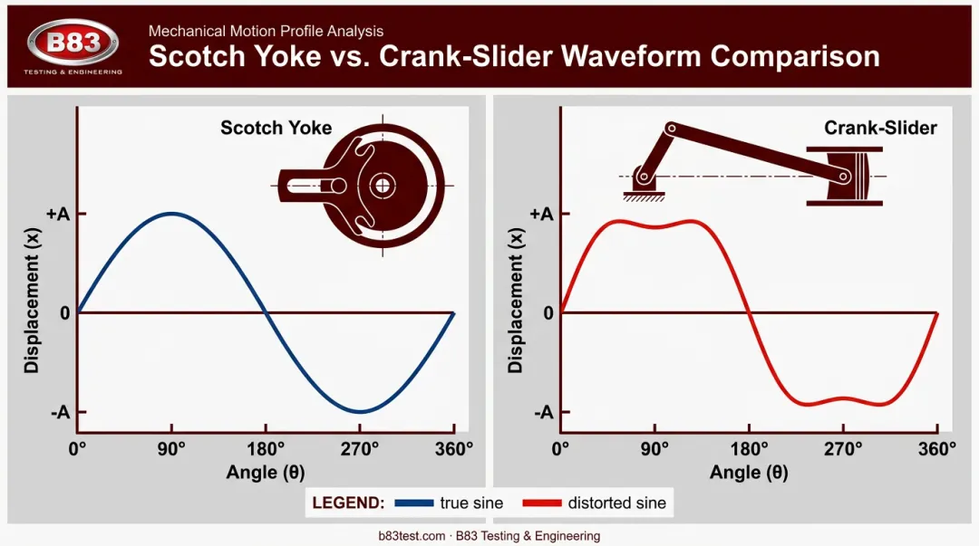 Scotch yoke true sine wave versus crank-slider harmonic distortion comparison