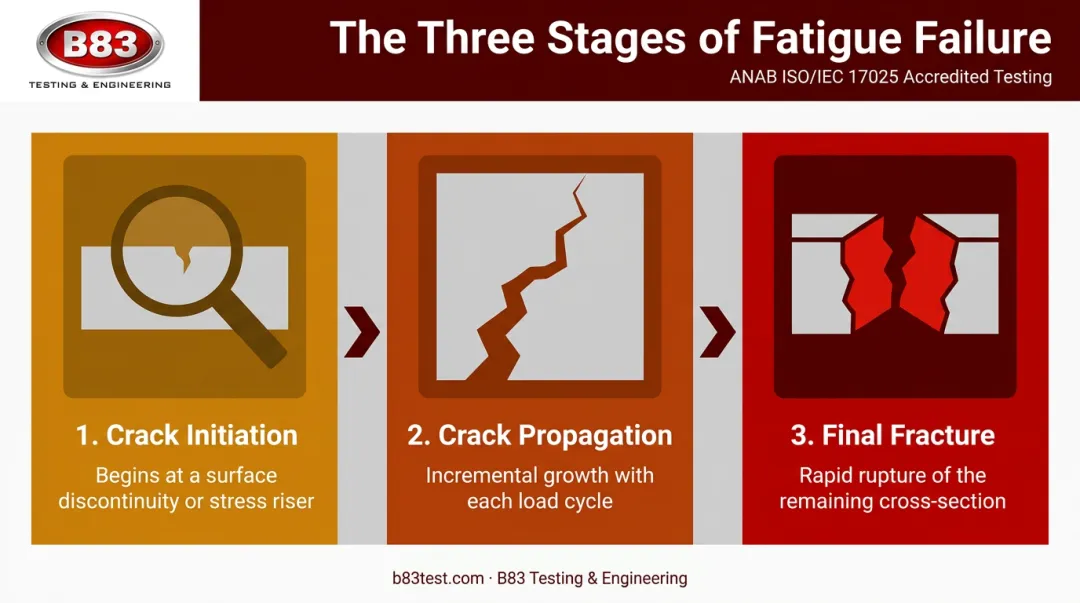 Three stages of fatigue failure showing initiation propagation and fracture