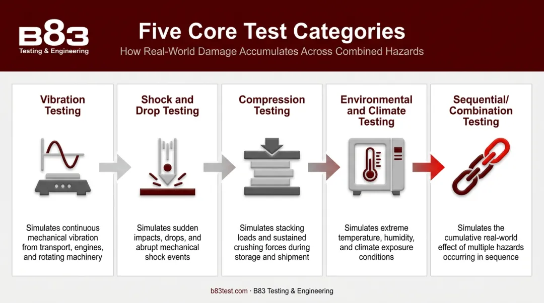 Five core shipping and package test types and hazard simulations
