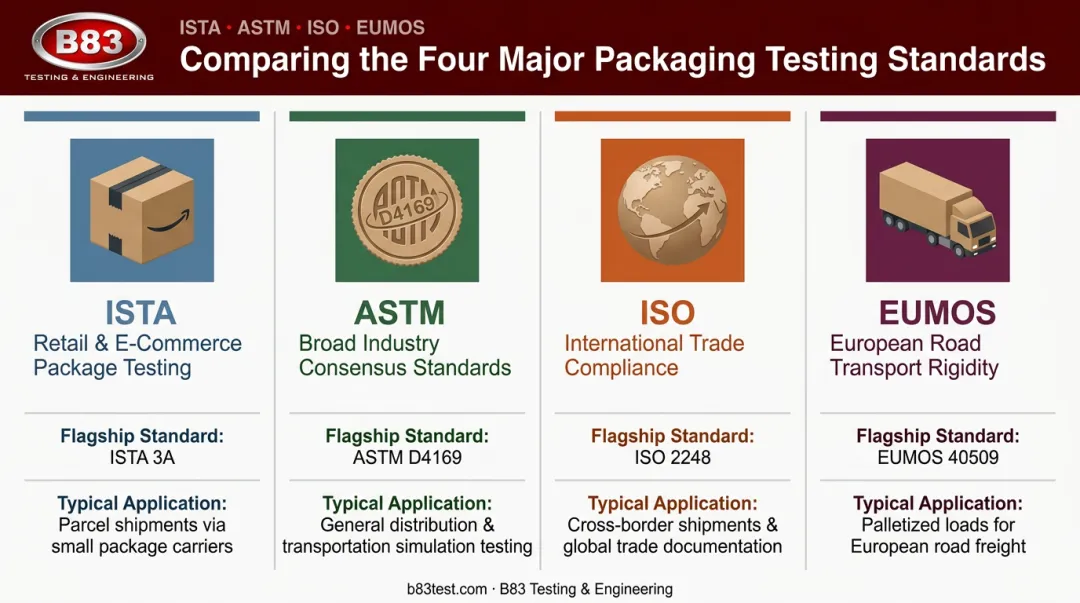 Comparison of ISTA ASTM ISO and EUMOS shipping test standards organizations