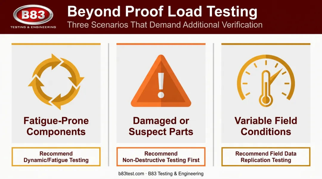 Three scenarios requiring testing beyond standard proof load verification