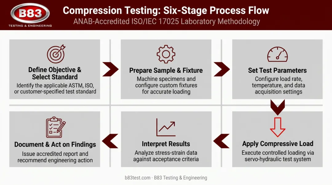 Six-step top load and compression testing process from objective to documentation