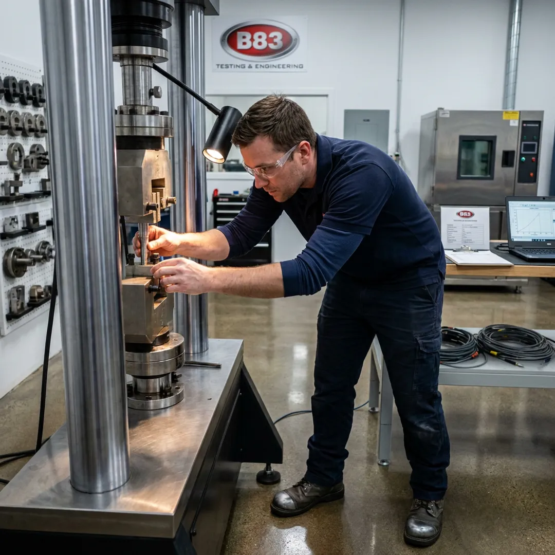 Engineer preparing compression testing equipment