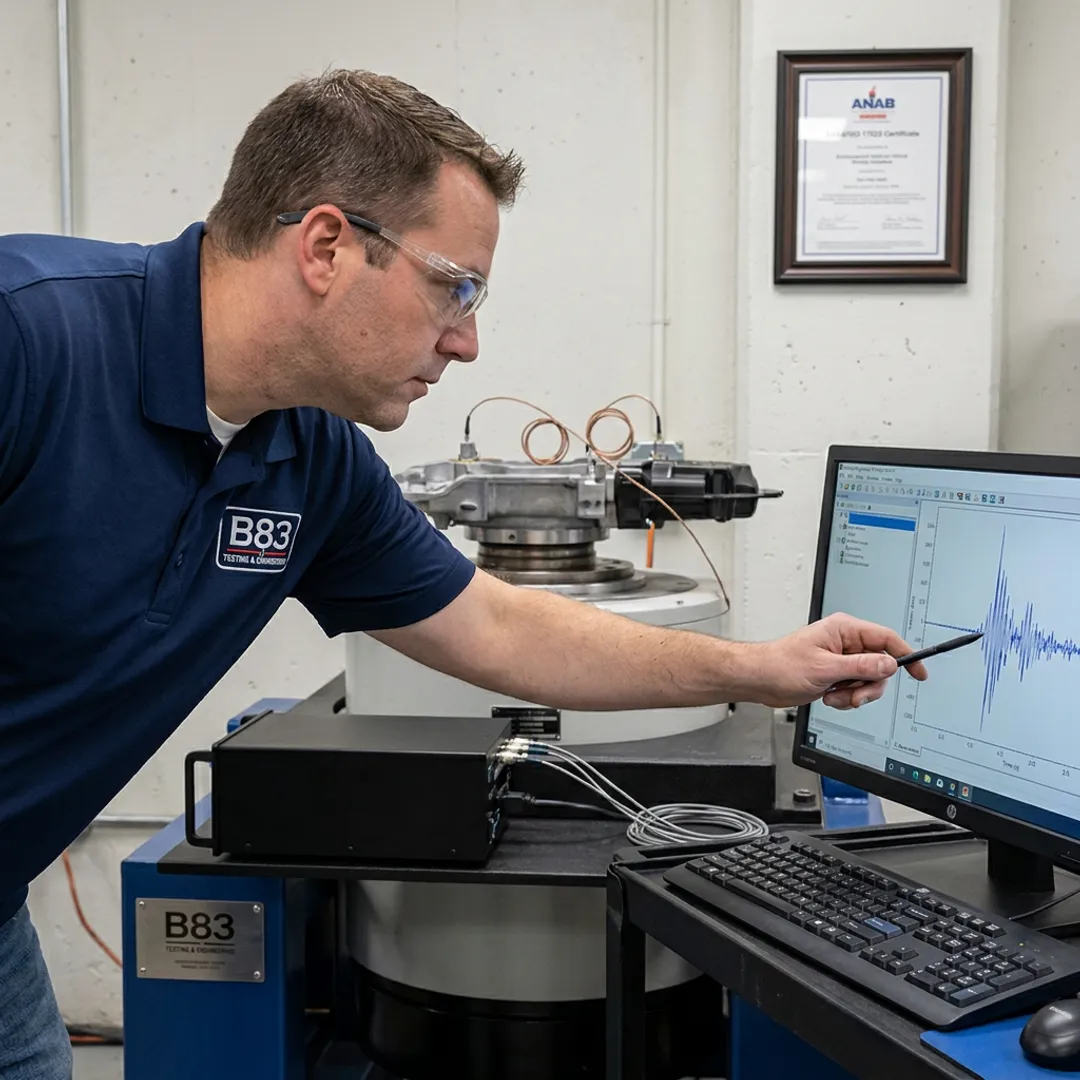 Engineer reviewing vibration test data in laboratory