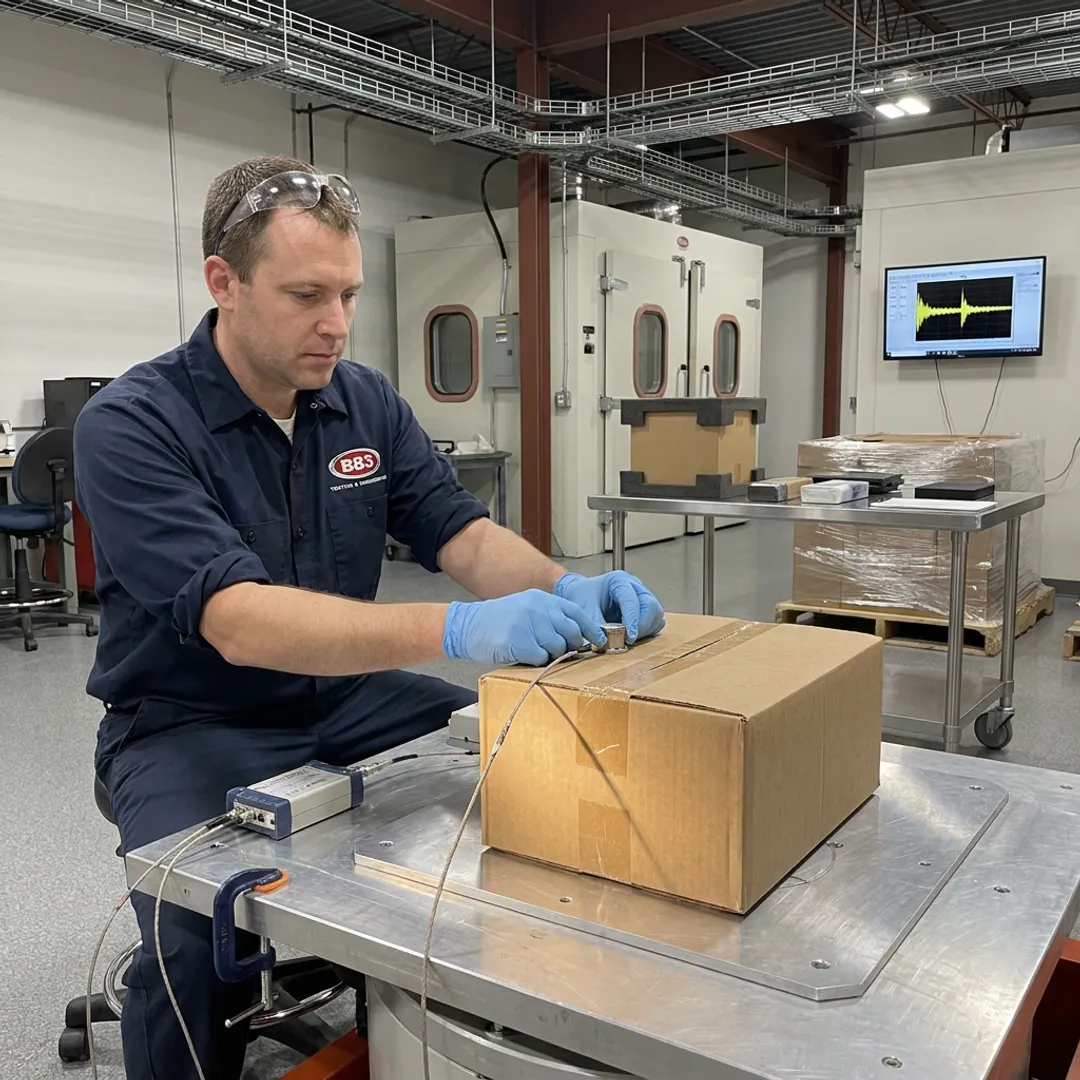 Engineer preparing packaged product for transit testing