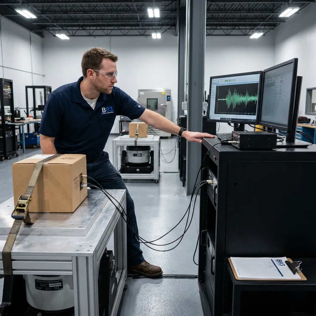 Engineer performing package vibration testing