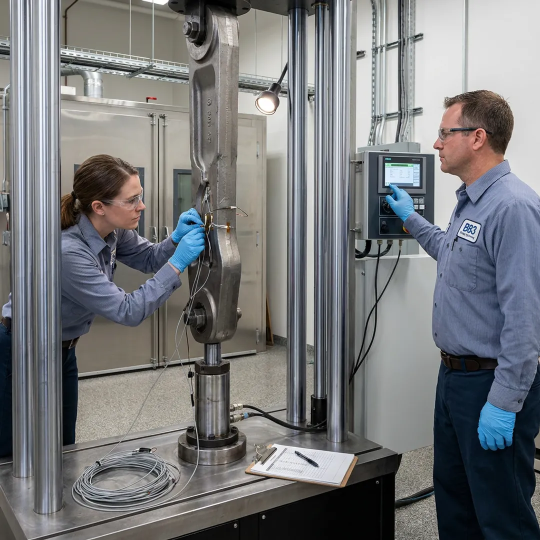 Engineers setting up heavy equipment component testing
