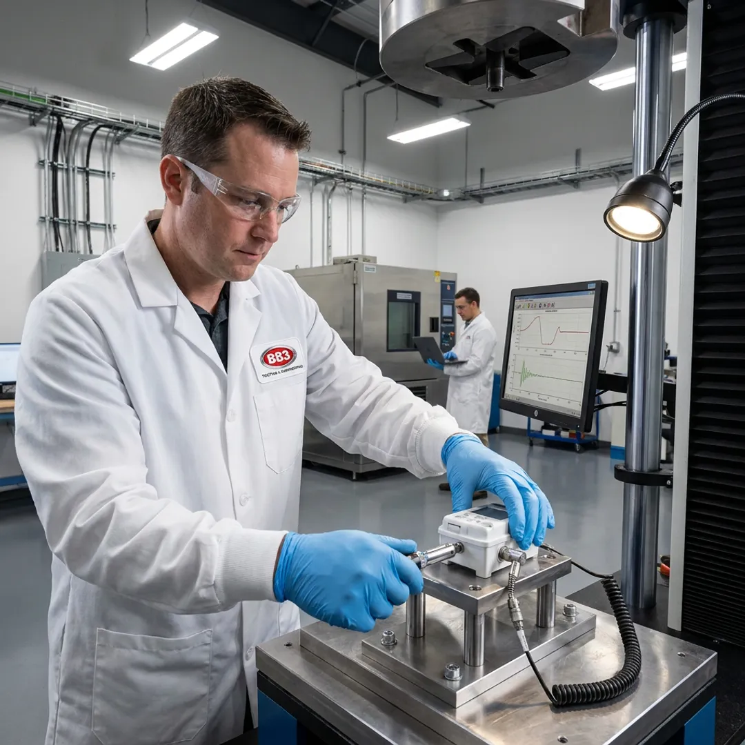 Engineer setting up medical device laboratory test equipment