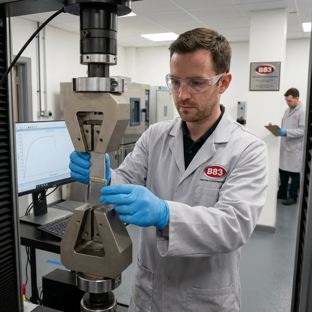 Technician setting up lap shear adhesive specimen for tensile testing