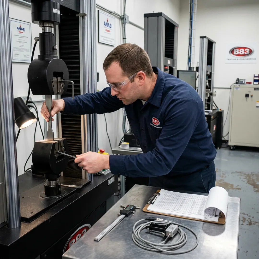 Engineer preparing specimen for tensile testing